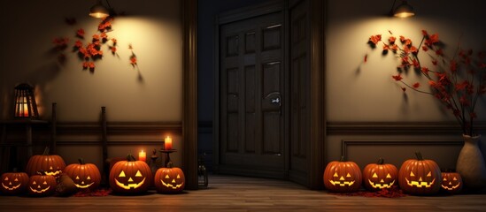 Interior of hall decorated for Halloween.