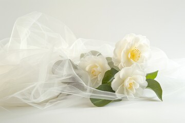 White jasmine on a white background with a veil and ribbon