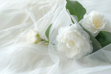 White jasmine flowers on white fabric background with copy space.