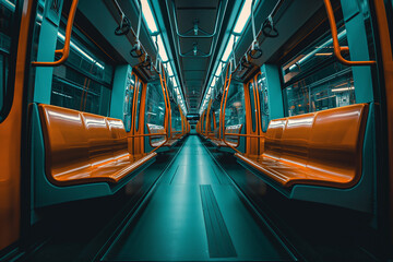 Fototapeta premium Futuristic Voyage: Neon Lights Guide the Path of an Unoccupied Subway, Awaiting the City's Pulse