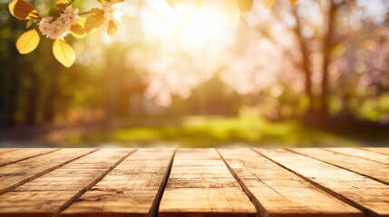 Wooden table. Blurred nature garden spring background