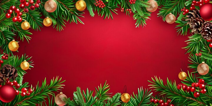 Christmas red background with fir branches, in the style of detailed and intricate compositions, red, vibrant color choices, realistic color schemes, vertical image, copy space, gradient backdrop.