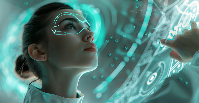 Uma jovem mulher com &oacute;culos de realidade virtual