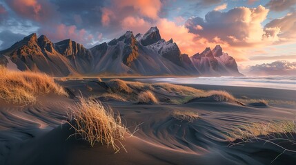 Vestrahorn mountaine on Stokksnes cape in Iceland during sunset. Amazing Iceland nature seascape. popular tourist attraction. Best famouse travel locations. Scenic Image of Iceland - obrazy, fototapety, plakaty