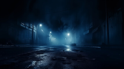 Dark street,street lamp, wet asphalt, reflections of rays in the water. Abstract dark blue background, smoke, smog
