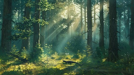 Serenity in a pine wood forest, sunlight piercing through tall trees, a salamander navigating the undergrowth