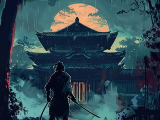 Silent ninja in shadow, ancient temple backdrop, the essence of bushido, stealthy approach