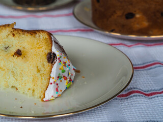 Traditional Easter cake. Kulich. A piece of pie. Ukrainian Easter. Orthodox Easter, Paska, panettone