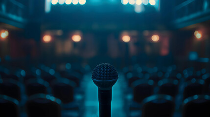 Microphone in conference hall or seminar room with lighting and bokeh background.
