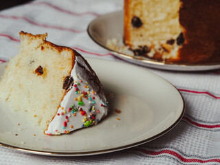 Traditional Easter cake. Kulich. A piece of pie. Ukrainian Easter. Orthodox Easter, Paska