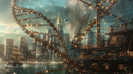 DNA helix unraveling over a pirate ship, skyscrapers in the backdrop, blending biology with adventure - obrazy, fototapety, plakaty