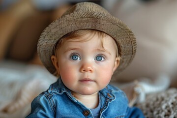 Cute toddler with a straw hat and big blue eyes looking curious