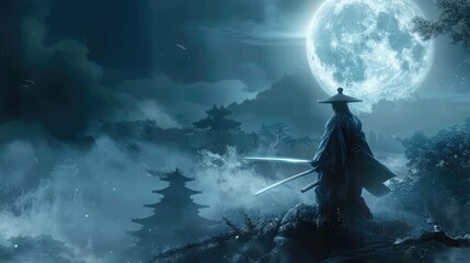 Moonlit duel, samurai with gleaming katana, shogun's honor at stake, intense aura
