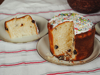 Traditional Easter cake. Kulich. Ukrainian Easter. Orthodox Easter, Homemade cake by grandmother 
