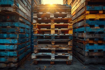 Piles of various colored wooden pallets stacked in an industrial area captured at golden hour sunset