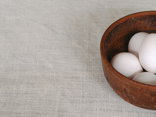 Chicken eggs in a clay bowl. Eggs to Easter