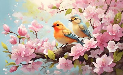 two birds on a branch of a flowering tree