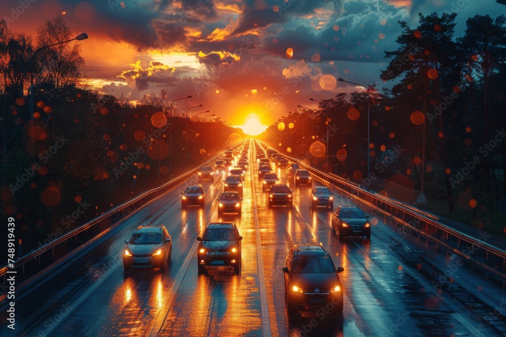 Aufkleber a bustling highway scene at sunset with car headlights creating a bokeh effect in the dynamic compos