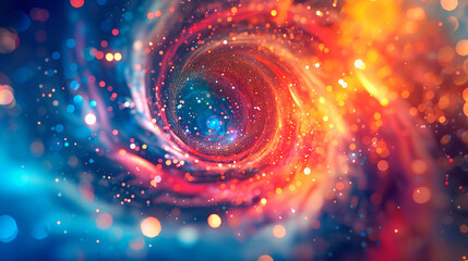 An artistic representation of space with a glistening vortex at its center, surrounded by a cascade of warm and cool colors resembling a universe in flux - obrazy, fototapety, plakaty