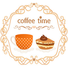 Vector illustration of a beautiful cozy appetizing picture in the Provence style with the inscription coffee time, heart, patterns, cup, a piece of cake on lace napkins, in a pink vintage openwork fra