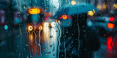 Rainy day in city, Car driving in rain and storm abstract background, blurred colorful urban lights on window glass.