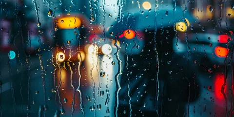 Fototapeten Rainy day in city, Car driving in rain and storm abstract background, blurred colorful urban lights on window glass. © Jasper W