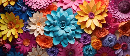 An assortment of colorful flowers are displayed on a wall, adding vibrancy and charm to the space. The flowers vary in size and shape, creating a visually striking composition against the wall.