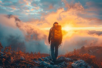 A lone hiker walks in a misty mountain landscape at sunrise, symbolizing determination