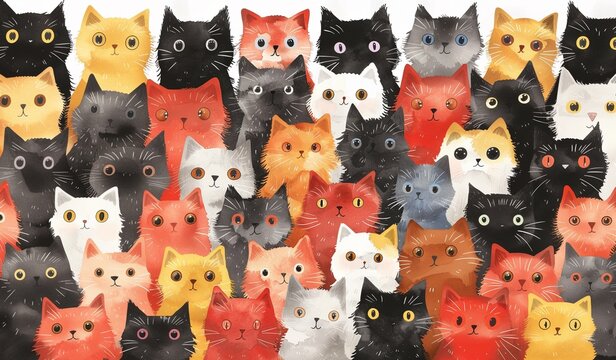 Many adorable cartoon colorful kittens cuddling together looking at you as a cute background, greeting cards, lovely colorful funny backgrounds, cat lovers wall paper.
