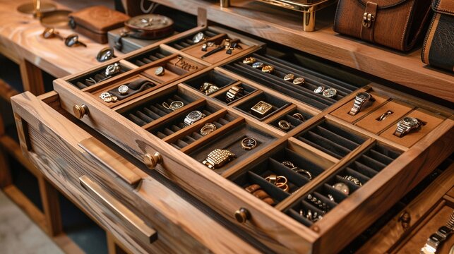 Close up of opened jewelry drawer organizer, concept of hobbies, decent lifestyle, make up, handmade, collection.