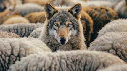 A wolf in sheep's clothing, concept of pretending harmless but dangerous or malicious, spy, Aesop's fables, hiding and Jesus Sermon.