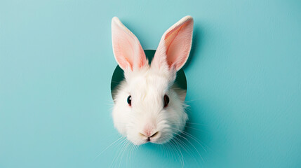 Obraz premium A curious white rabbit peeking through a torn blue paper.