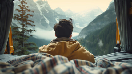 Young Asian man traveler staying in the blanket looking at mountain scenery through the window in camper van in the morning. Road trip in summer, back view. - obrazy, fototapety, plakaty