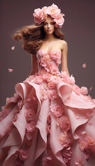 Charming princess dressed in pink dress and hat made of flowers