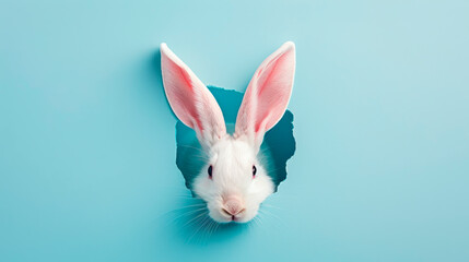 Obraz premium A curious white rabbit peeking through a torn blue paper.