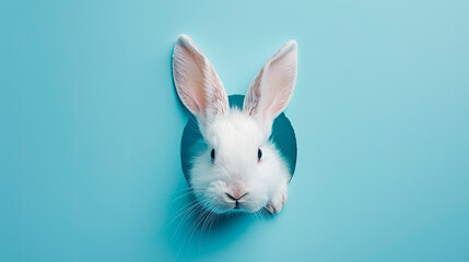 Obraz premium A curious white rabbit peeking through a torn blue paper.