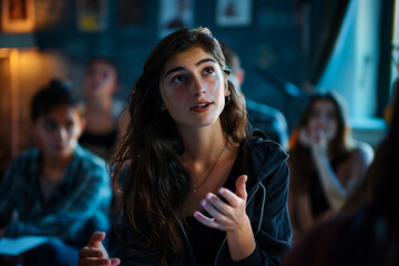 A confident young woman making gestures while instructing students in a classroom. - obrazy, fototapety, plakaty