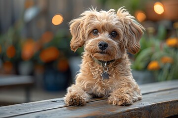 Expressive small dog with captivating, soulful eyes posing on a wooden bench with soft lighting