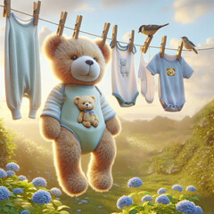 Cute brown teddy bear wearing a blue pajamas hanging by a clothespins on a clothesline with baby clothes