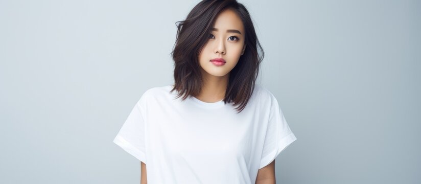 An adorable Asian woman wearing a white t-shirt smiles beautifully as she strikes a pose in front of the camera for a picture.