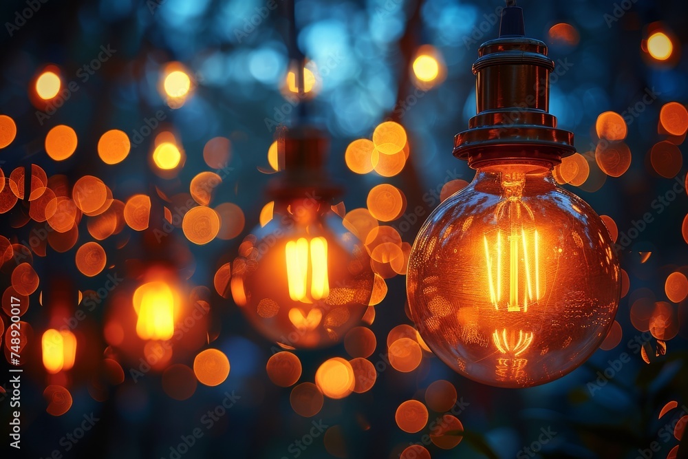 Aufkleber hanging illuminated light bulbs set against a twilight background with a bokeh effect