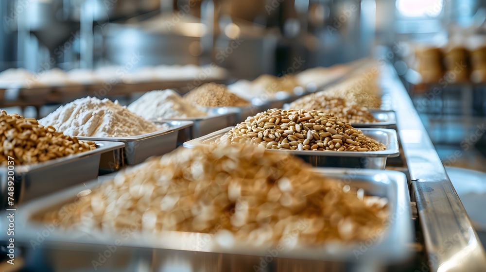 Poster production line in a factory sorting and packaging grains and flour. concept factory operations, sor