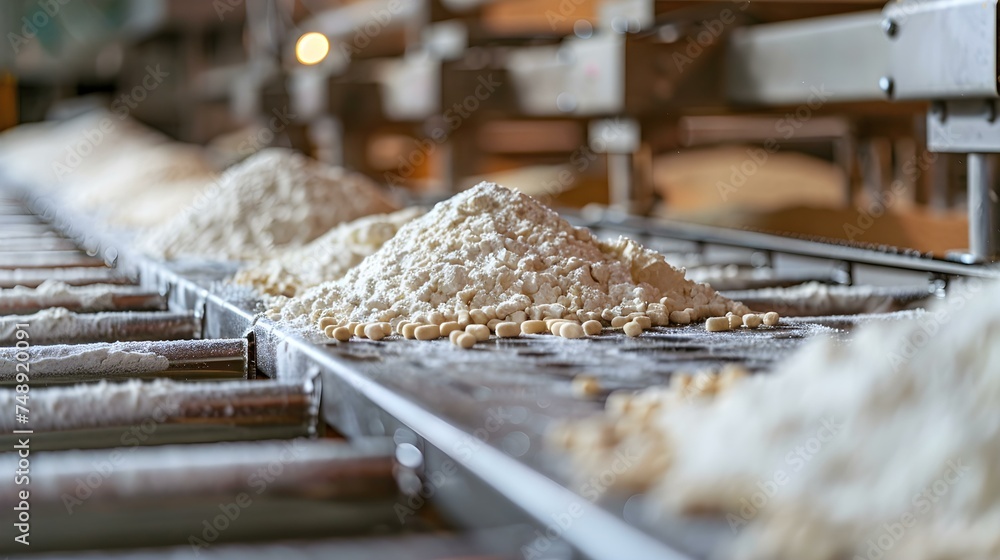 Aufkleber sorting and packaging grains and flour in a factory production line. concept factory operations, foo