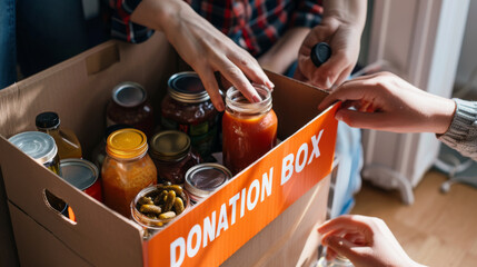 multiple hands organizing a donation box filled with various food items, such as jars and cans, indicating an act of charity or food drive. - obrazy, fototapety, plakaty