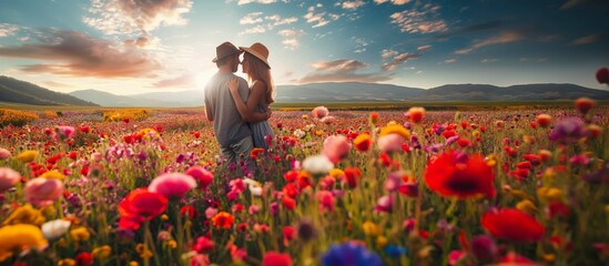 Embrace in the Wildflower Fields: A Couple's Sunset Moment