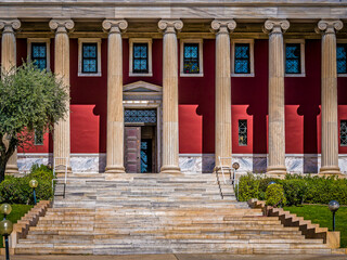 Partial view of the columns of Gennadius Library facade. .On the front is written a quote of Isocrates: 
