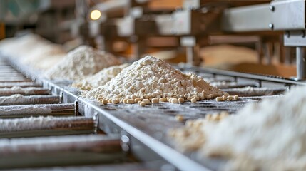 Sorting and packaging grains and flour in a factory production line. Concept Factory Operations, Food Processing, Packaging Machinery, Quality Control, Efficiency Improvement