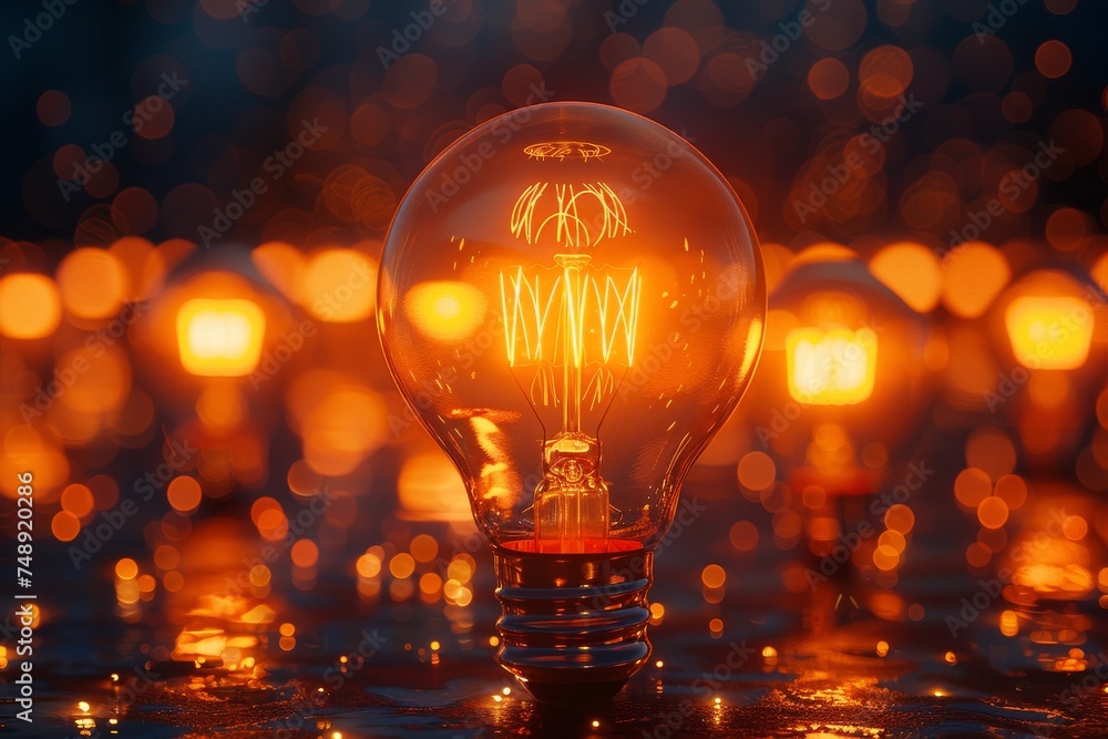 Poster an illuminated tungsten filament bulb casts a warm glow over a reflective wet surface against a boke