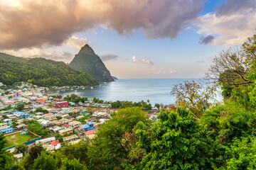Sunrise Piton Mountain Views...Soufriere, Saint Lucia, .West Indies, Eastern Caribbean - obrazy, fototapety, plakaty
