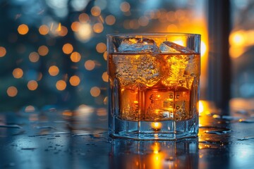 A crystal-clear whiskey glass with sparkling ice cubes against a warm bokeh background creating a cozy atmosphere